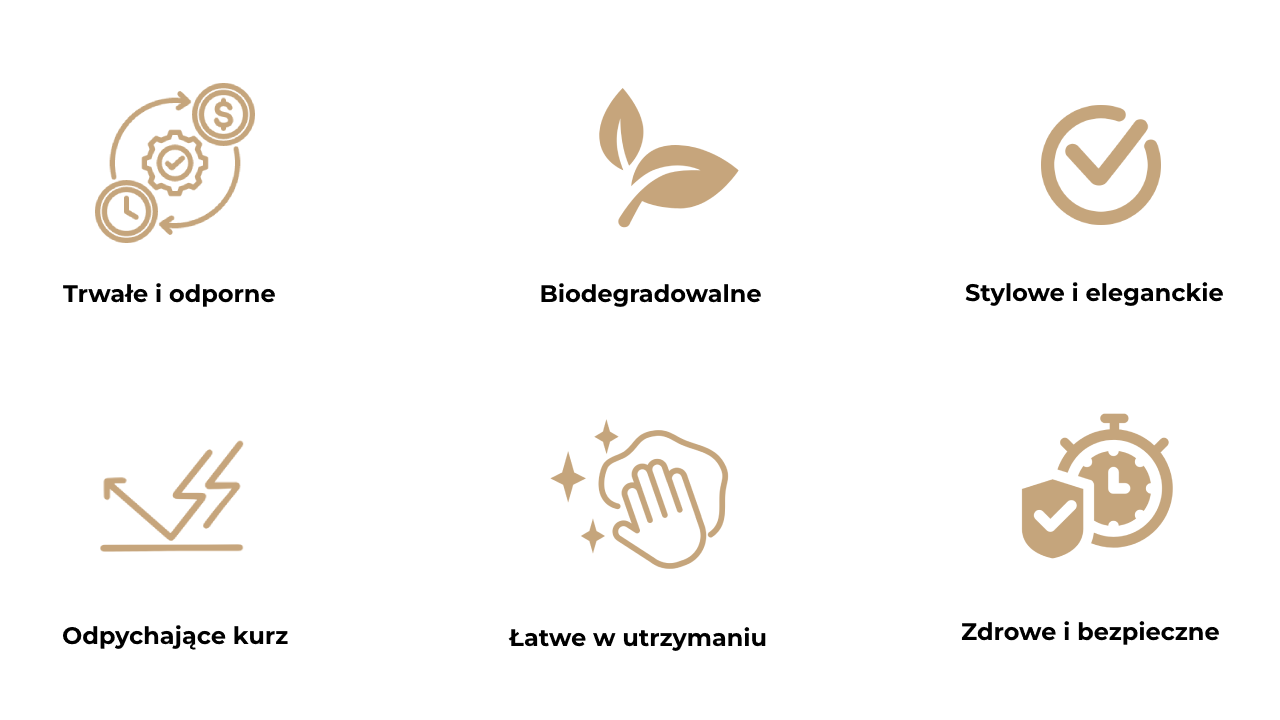 Obraz
            przedstawia sześć ikon opisujących zalety okładziny korkowej na ścianę